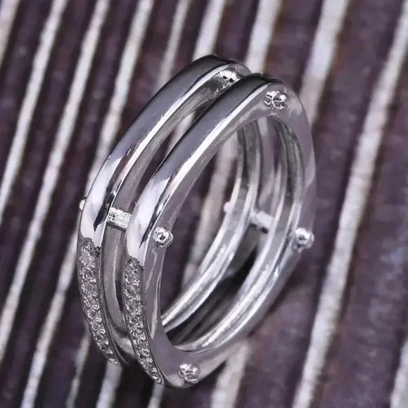 ▶Square Glitter Zircon Double Layer Silver Plated Ring for Men, L187